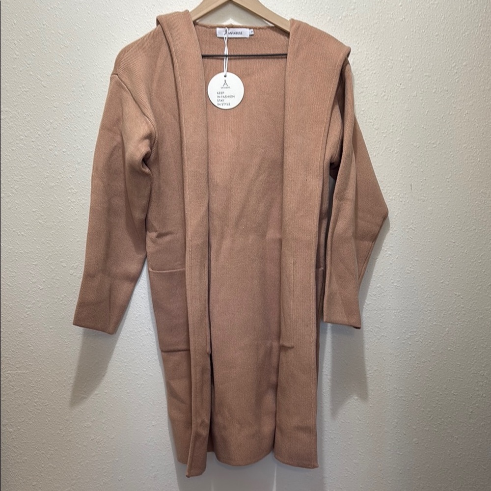 Anrabess Tan Hooded Open Front Cardigan, Size S